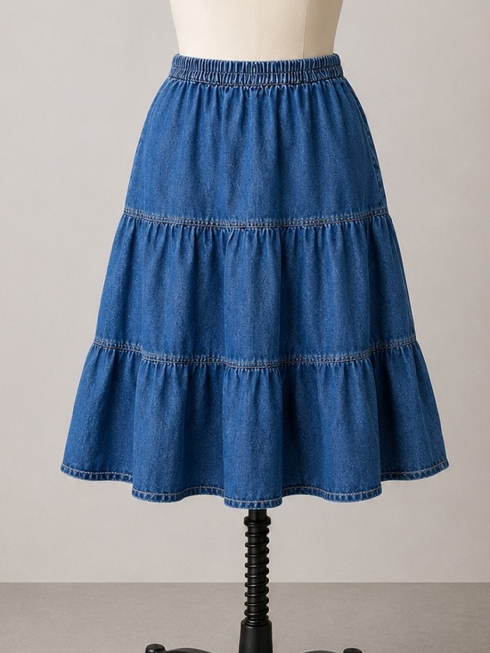 Vintage National Denim Tiered Midi Skirt Blue Elastic Waist Cottagecore Prairie